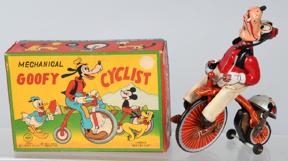 LINEMAR Tin Windup GOOFY CYCLIST w/ BOX: Excellent Goofy riding High Wheel Bike tin windup. All original and complete. Looks never played with condition. Very colorful toy. Windup works. Comes with colorful box with great graphics. 7 1/2" Ex