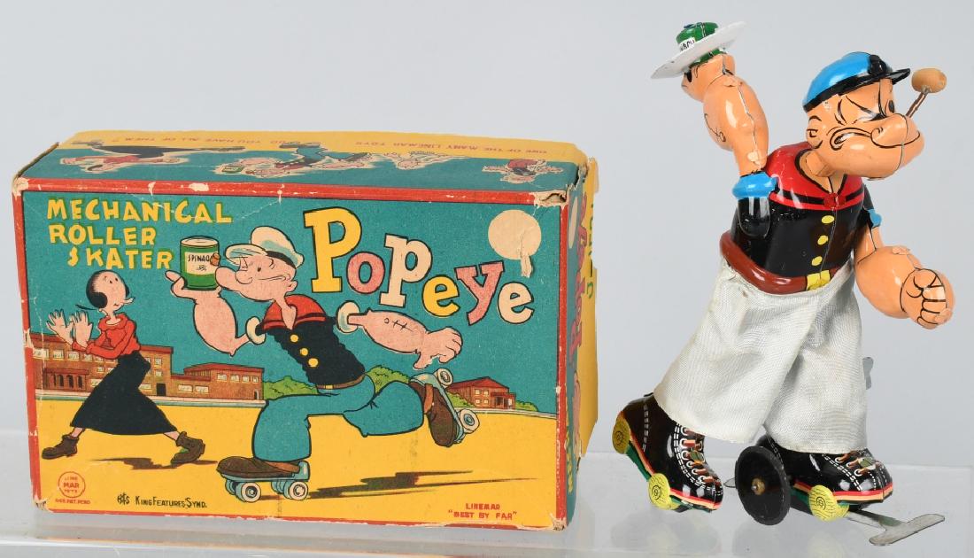 LINEMAR Tin Windup ROLLER SKATER w/ BOX: Very nice Popeye Roller Skater tin windup. All original and complete. Looks never played with condition. Great colors. Windup works. With colorful box with great graphics. 7" Excellent