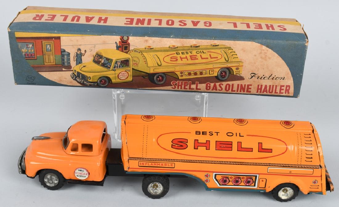 JAPAN Tin Friction SHELL GASOLINE HAULER w/ BOX: New Old Stock. Friction works. With box. 13 1/2" Near Mint