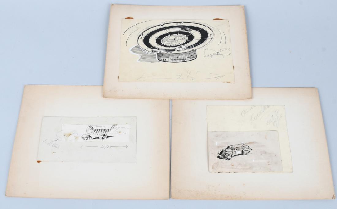 3- MARX TOYS FACTORY CONCEPT DRAWINGS & MORE: 3 Marx Toys original factory concept drawings. Includes Cat with Ball, Whee Wizz Racer, and Ambulance. All with some pencil notes. Paper mounted on board. Each measures 11"x9". Plus 4 sets of Marx Del