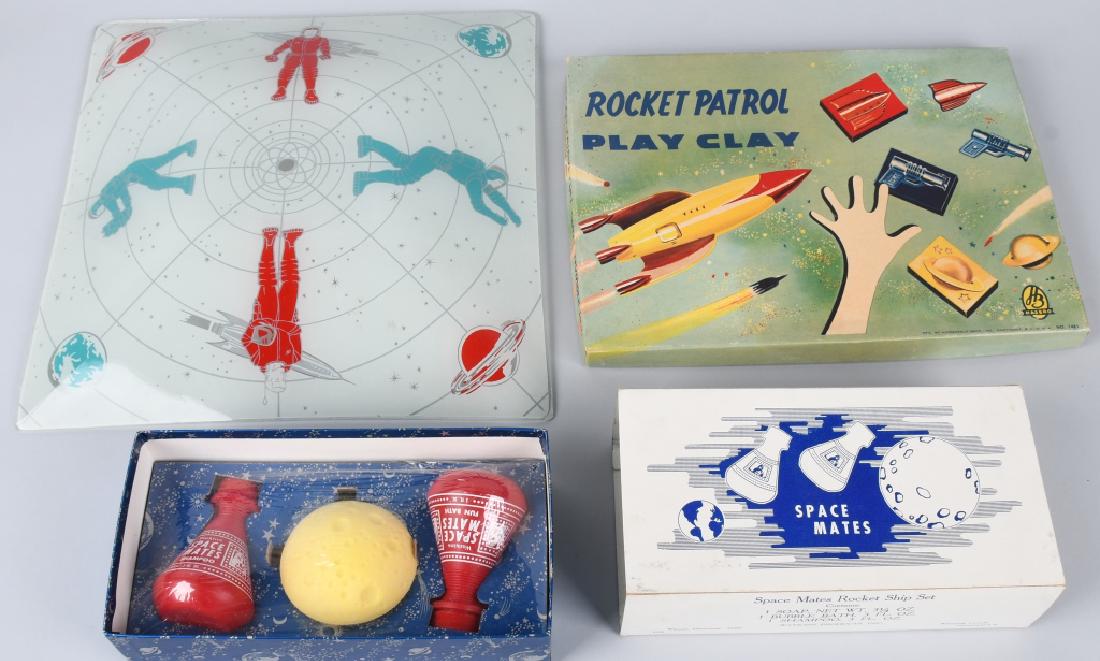 VINTAGE SPACE LOT, GLASS LIGHT SHADE and MORE: Lot includes 14" by 14" glass light shade with space graphics, a Space Mates Rocket Ship bath set, unused in the box, along with a Rocket Patrol Play Clay set in the original box. Excellent