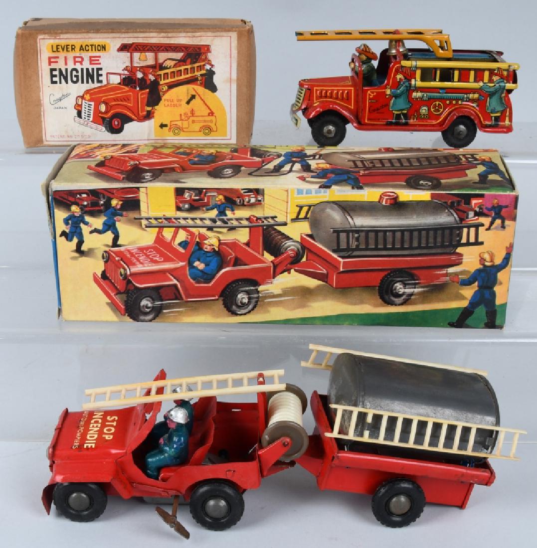 2 JAPAN & FRANCE tin windup FIRE TOYS w/ BOXES: Lot includes 10" tin windup French fire Department Jeep with trailer. Nice working condition with some small spots of light corrosion. Includes colorful original box. Also included is a Cragstan Japan
