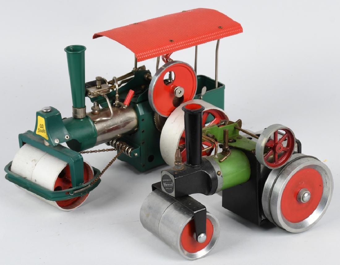 2 VINTAGE MAMOD LIVE STEAM ROAD ROLLERS: Lot of two different Mamod live steam Road Rollers. Largest is 13". Both are complete except for smaller one that is missing the burner. Very Good-Excellent