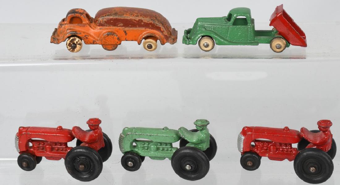 5 HUBLEY cast iron TRACTORS and TRUCKS: Lot includes 3 excellent tractors, along with a excellent dump truck, and semi truck with some over paint. very Good-Excellent