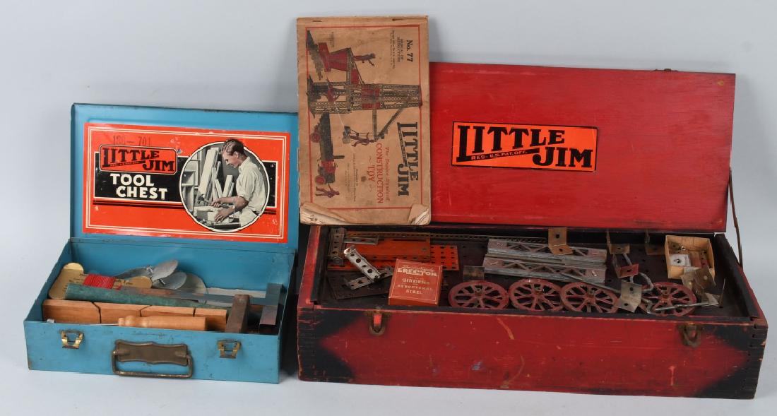 GILBERT LITTLE JIM ERECTOR SET & TOOL KIT w/ BOX: Lot includes 1930's Gilbert Little Jim Erector set No. 77 in the original wood box, along with a Little Jim Tool kit in metal box. Appear mostly complete. These sets were made by Gilbert for sale in J