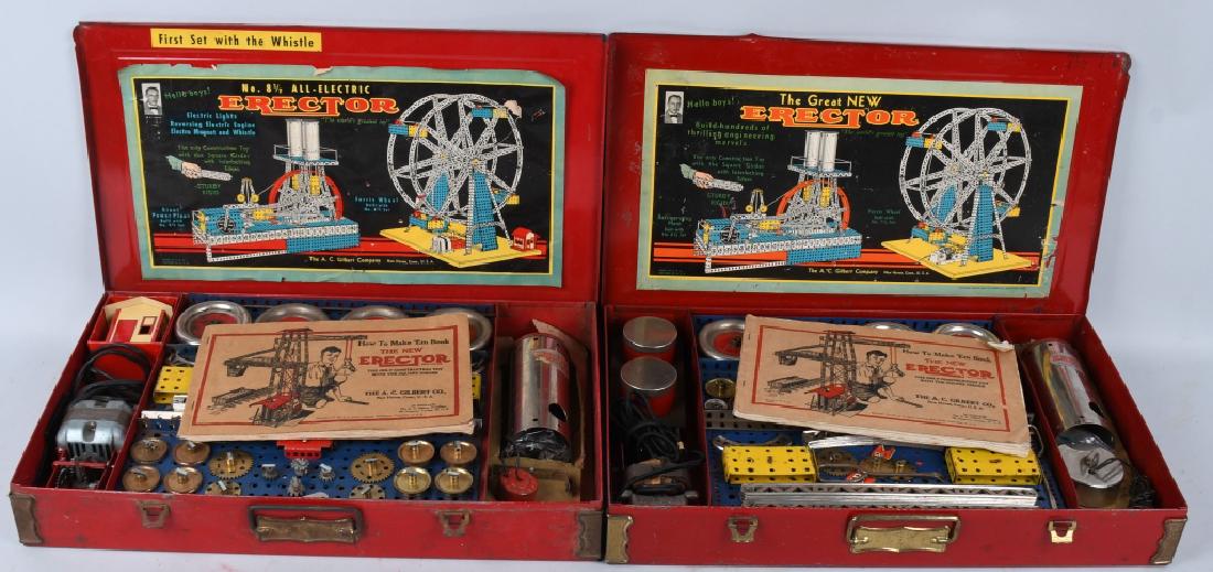 2 1930's GILBERT ERECTOR SETS w/ BOXES: Sets include a 1938 8 1/2 set along with a 1934 set that makes the Ferris Wheels. Both appear complete and unplayed with in the original metal boxes. 20" by 12", Very Good-Excellent