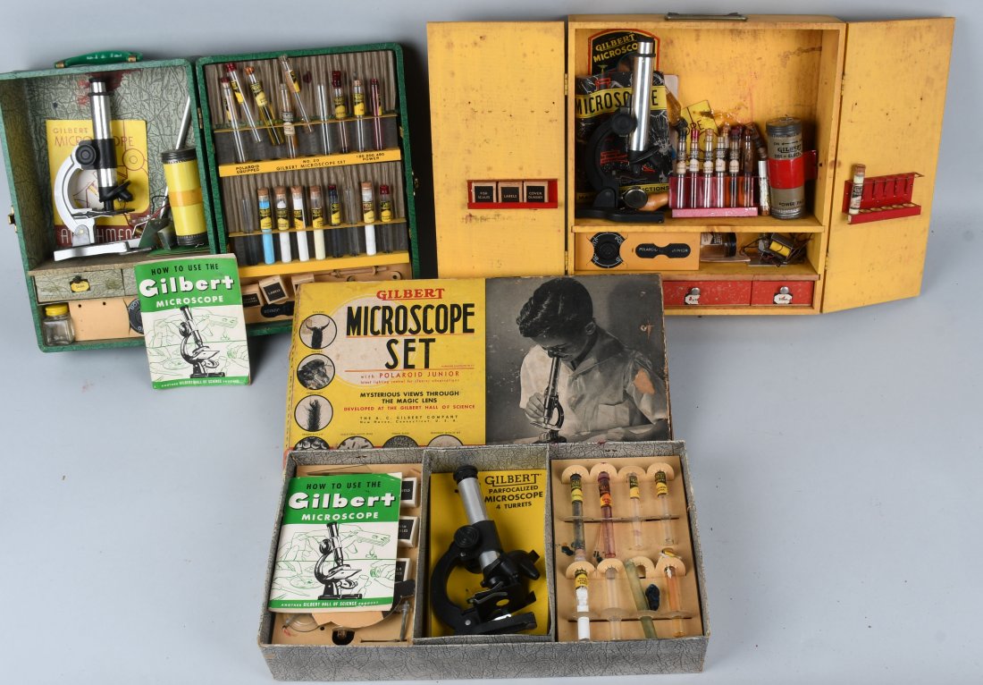 3 GILBERT MICROSCOPE SETS w/ BOXES: Lot of 3 different vintage microscope sets with the original boxes. Mostly complete. Very Good