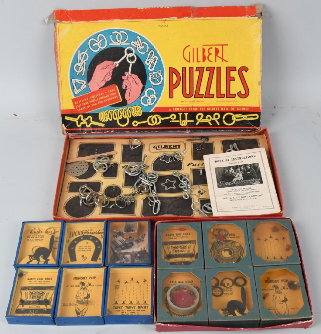 GILBERT PUZZLES and DEXTERITY GAMES: Lot includes 12 Gilbert dexterity games along with a 1940 puzzle set. Puzzles set looks mostly complete. The dexterity games Measure 3 1/2" by 4 1/2" and are excellent.