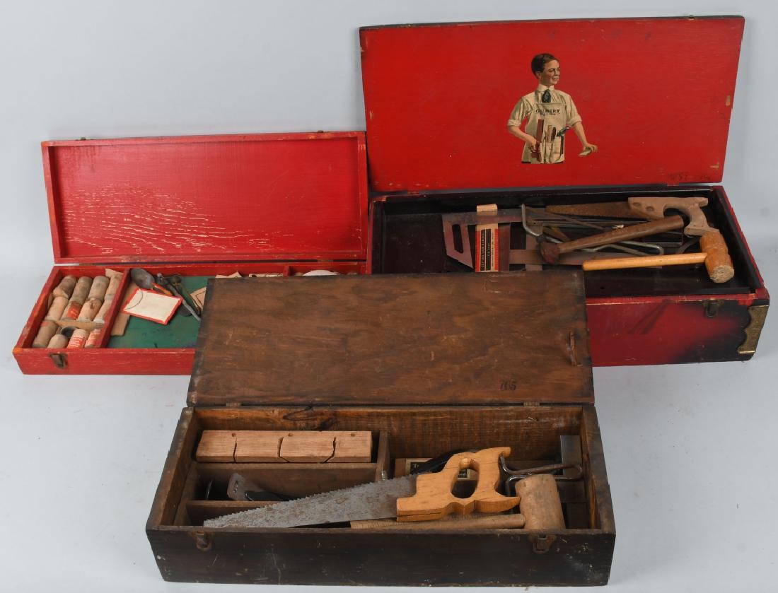3 GILBERT TOOL & CHEMISTRY SETS w/ WOOD BOXES: Lot includes 3 early sets. The set appear mostly complete. Largets is 22 1/2" by 11", Good-Very Good