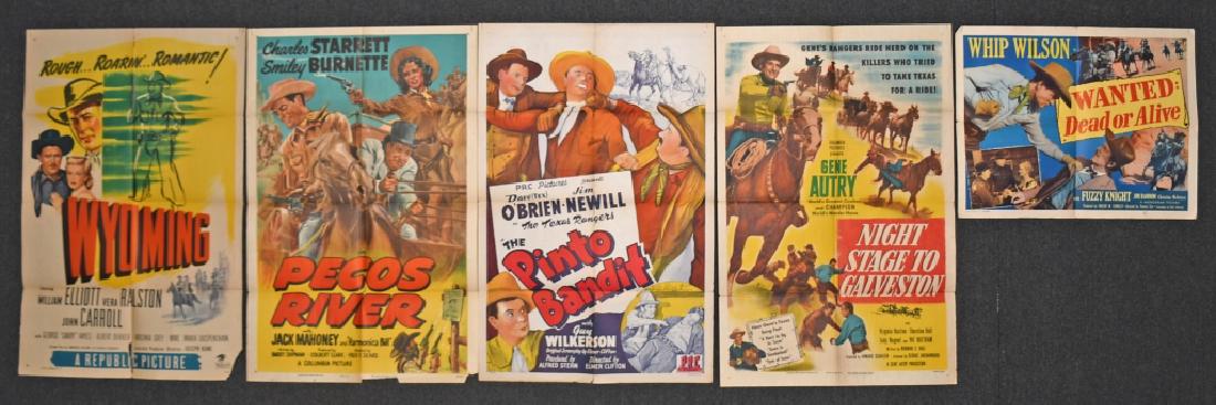5- 1950s WESTERN MOVIE POSTERS: All original 1 Sheet Posters. Includes Night Stage To Galveston with Gene Autry, Pinto Bandit, Pecos River, Wanted Dead or Alive, and Wyoming. All in as found folded condition. 27"x41" Very Good-Excel