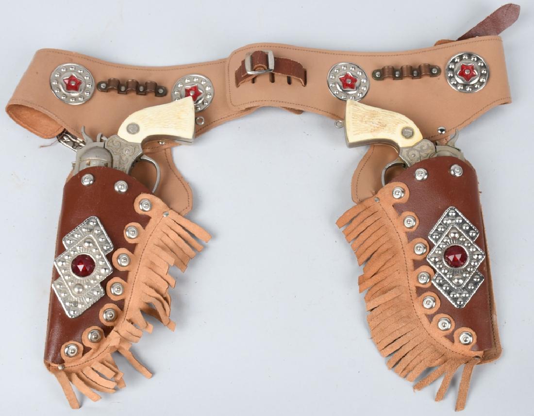 PONY BOY CAP GUN SET & LEATHER HOLSTER: Pony Boy Cap Gun Set both original and working. With leather Holster. 10 1/2" Excellent