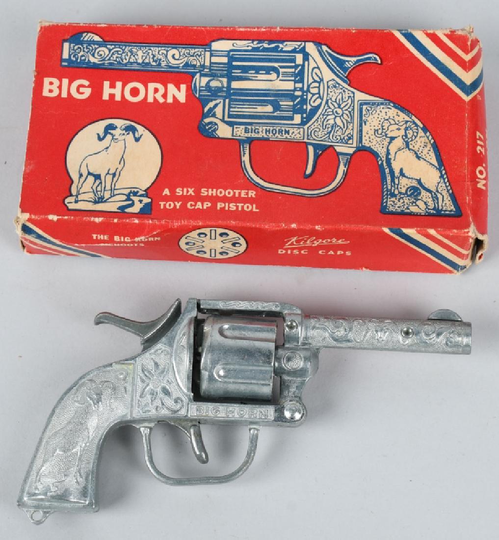 KILGORE BIG HORN CAP GUN w/ BOX: Kilgore Big Horn Cap Gun. All original and works. With Box. 7 1/2" Excellent