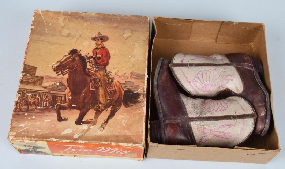 PAIR OF TOM MIX COWBOY BOOTS w/ BOX: Pair of Tom Mix Cowboy Boots with Box. Boots have wear. 10" Very Good