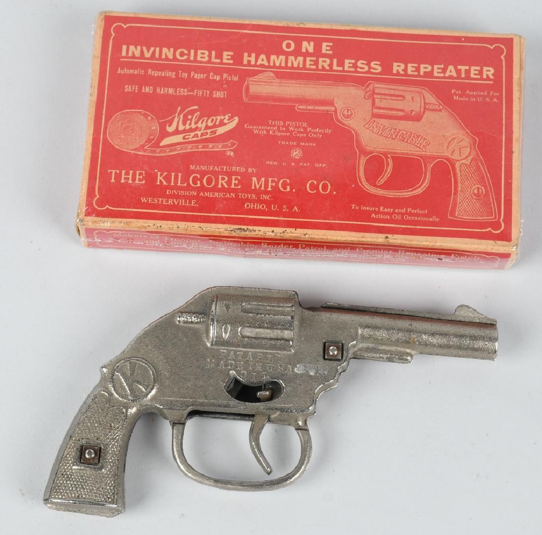 KILGORE INVINCIBLE REPEATER CAP GUN w/ BOX: Kilgore Invincible Hammerless Repeater Cap Gun. Never played with condition. With Box. 7" Excellent
