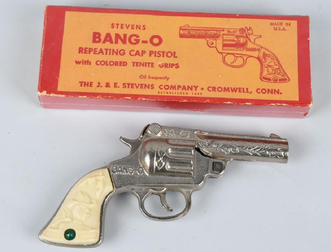 J&E STEVENS BANG-O CAP GUN w/ BOX: J&E Stevens Bang-O Cap Gun. Never played with condition. Boxed. 9" Excellent