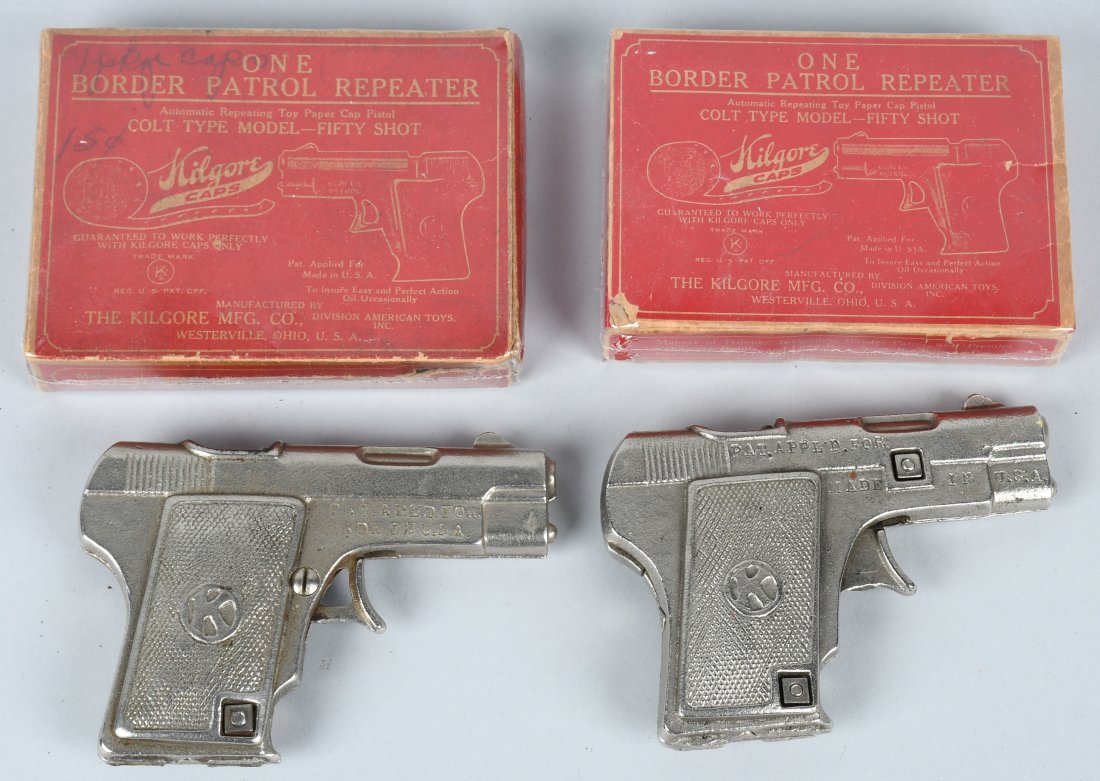 2- KILGORE BOARDER PATROL CAP GUNS w/ BOX: Pair of Kilgore Boarder Patrol Cap Guns. Both never played with. With Boxes. 5" Excellent
