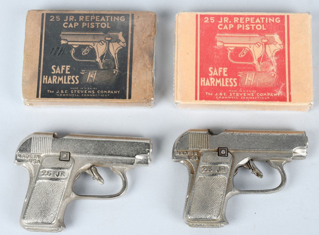 2- J&E STEVENS 25 JR CAP GUNS w/ BOX: Pair of J&E Stevens 25 Jr Cap Guns. Both never played with condition. With Boxes. 5" Excellent