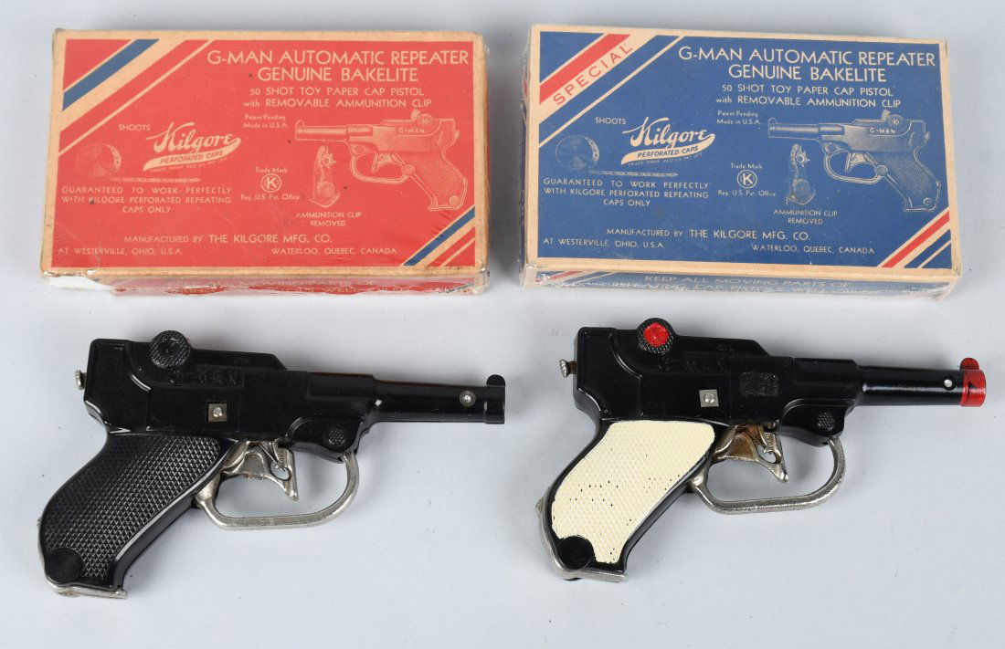 2- KILGORE G-MAN CAP GUNS w/ BOX: Pair of Kilgore G-Man Cap Guns. Both never played with condition. With Boxes. 6 1/2" Excellent