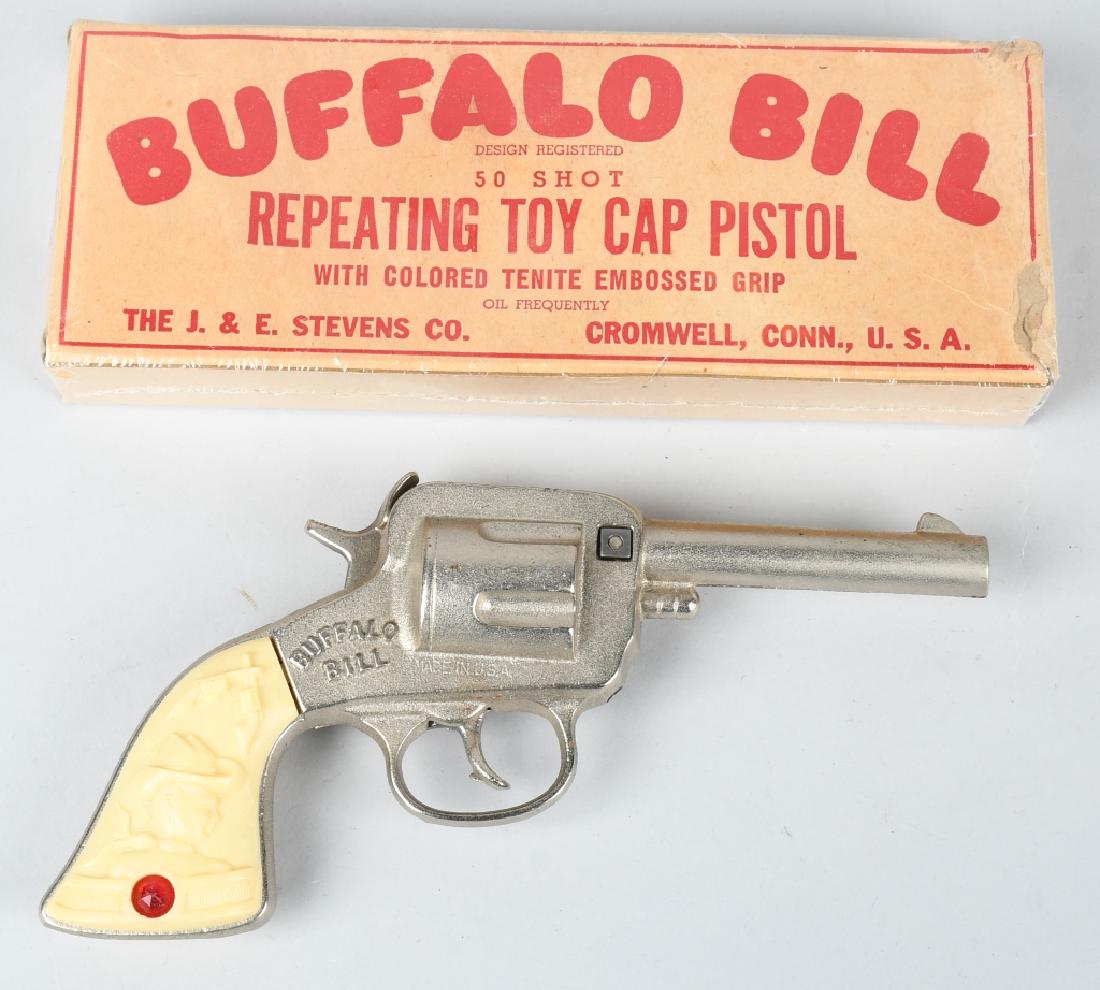 J&E STEVENS BUFFALO BILL CAP GUN w/ BOX: J&E Stevens Buffalo Bill Cap Gun. Never played with condition. With Box. 8 1/2" Excellent