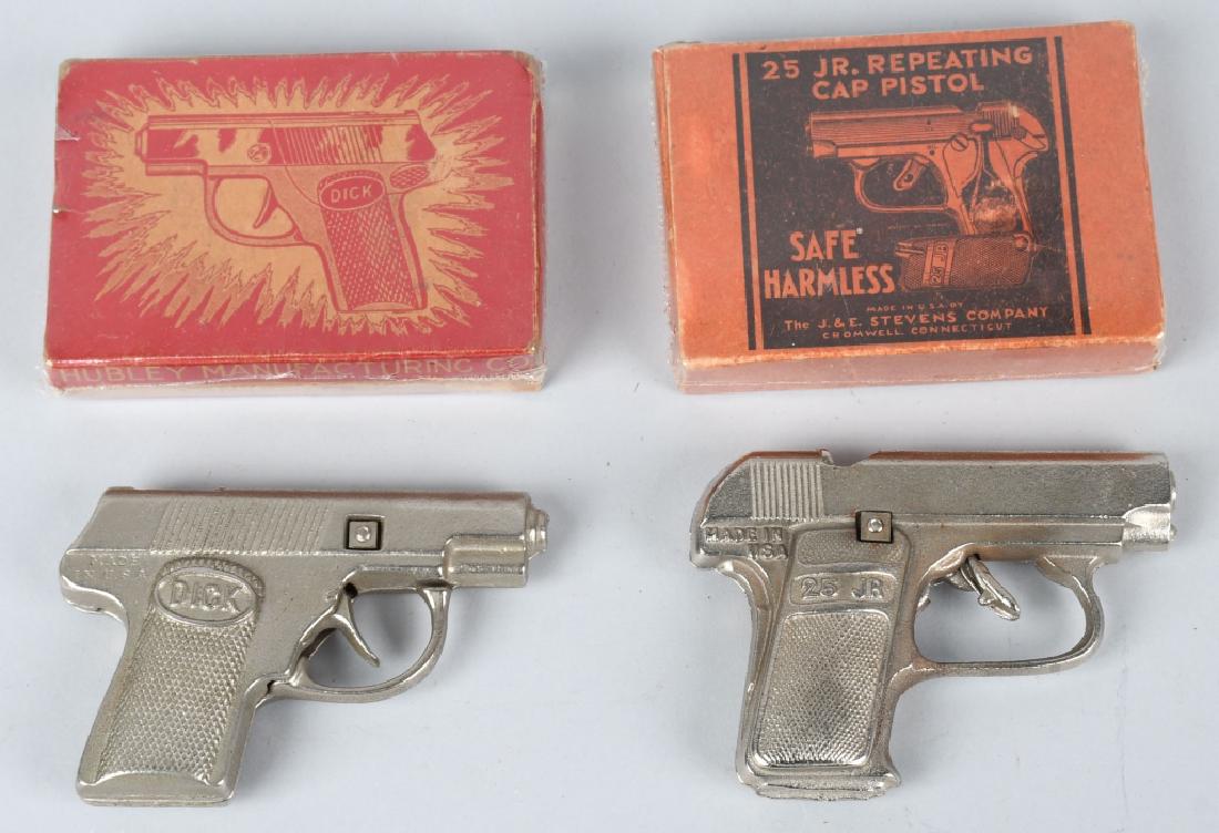 DICK & 25 JR CAP GUNS w/ BOX: Includes Hubley Dick Cap Gun and J&E Stevens 25 JR Cap Gun. Both never played with condition. 4 1/2" Excellent
