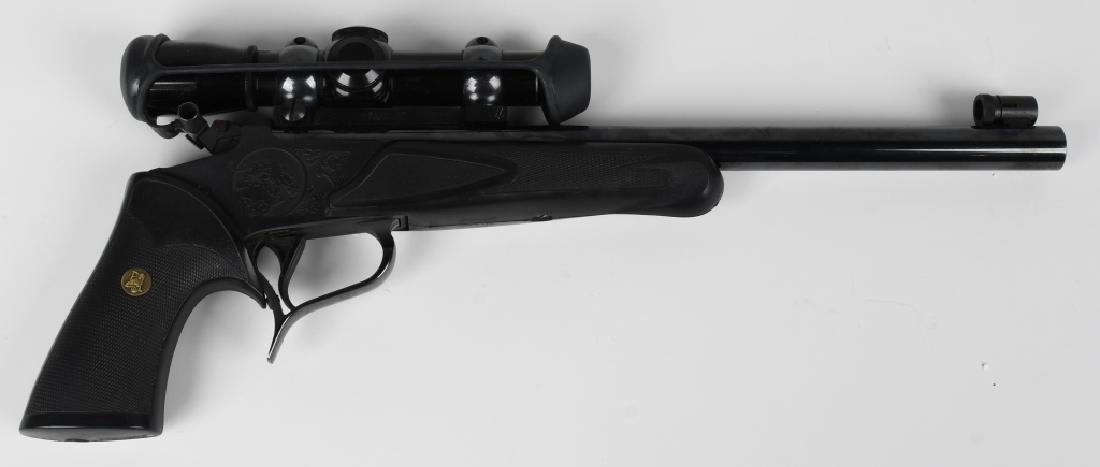 THOMPSON CENTER CONTENDER PISTOL 35 REM SCOPED: SN 89067. 14" barrel single shot target pistol in .35 Remington. Thompson Center Contender with Super 14 blued barrel. Features pachmayr grips and forend, hammer extender, fitted with Leupold scope. F
