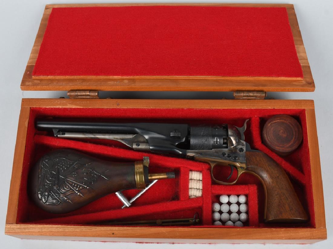 COLT MODEL 1860 .44 REVOLVER w/ CASE, Italy: Very well made Colt 4 screw .44 caliber Army made in Italy. Made just like the original. Beautiful condition and may be unfired. Includes powder flask, case and accessories. Black Powder, Excellent