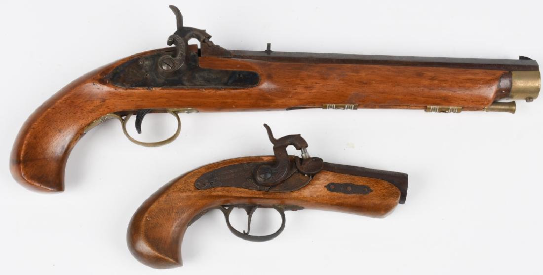PAIR OF BLACK POWDER 45 CAP & BALL PISTOLS: Two Black Powder pistols. One is marked "Derringer Philadelphia" on the right hand side, SN 098671, made in Spain by Jukar with a 3" octagonal rifled barrel. This one shows age. Second one marked with