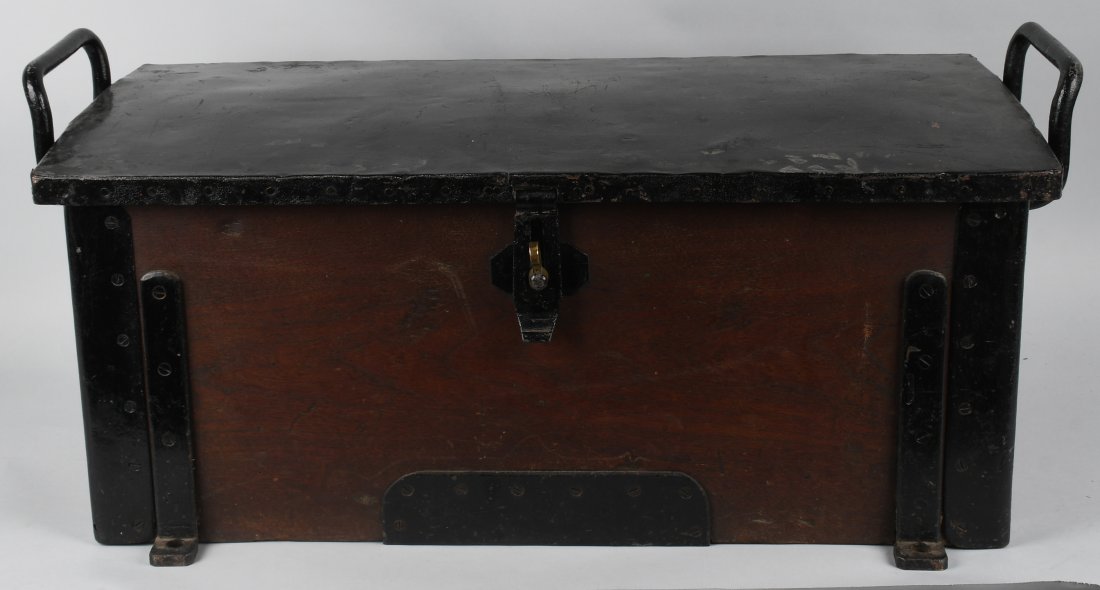 19th CENT. GATLING GUN LIMBER CHEST: Limber chest is for a 1" Gatling gun. The chest is from the San Antonio Arsenal and the makers lettering has been enhanced. The date is Sept. 21, 1869. The wood chest is refinished with the iron parts