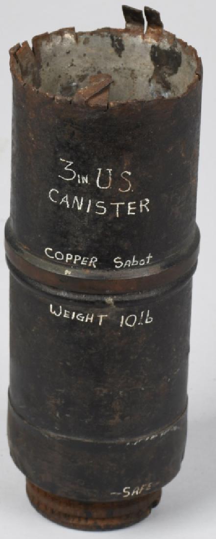 CIVIL WAR FEDERAL 3" CANISTER SHELL: Original Federal canister shell. Has copper sabot and wood base plug. Empty and inert. Would have weighed 10 pounds when loaded. 8 1/4". Very Good-Excellent