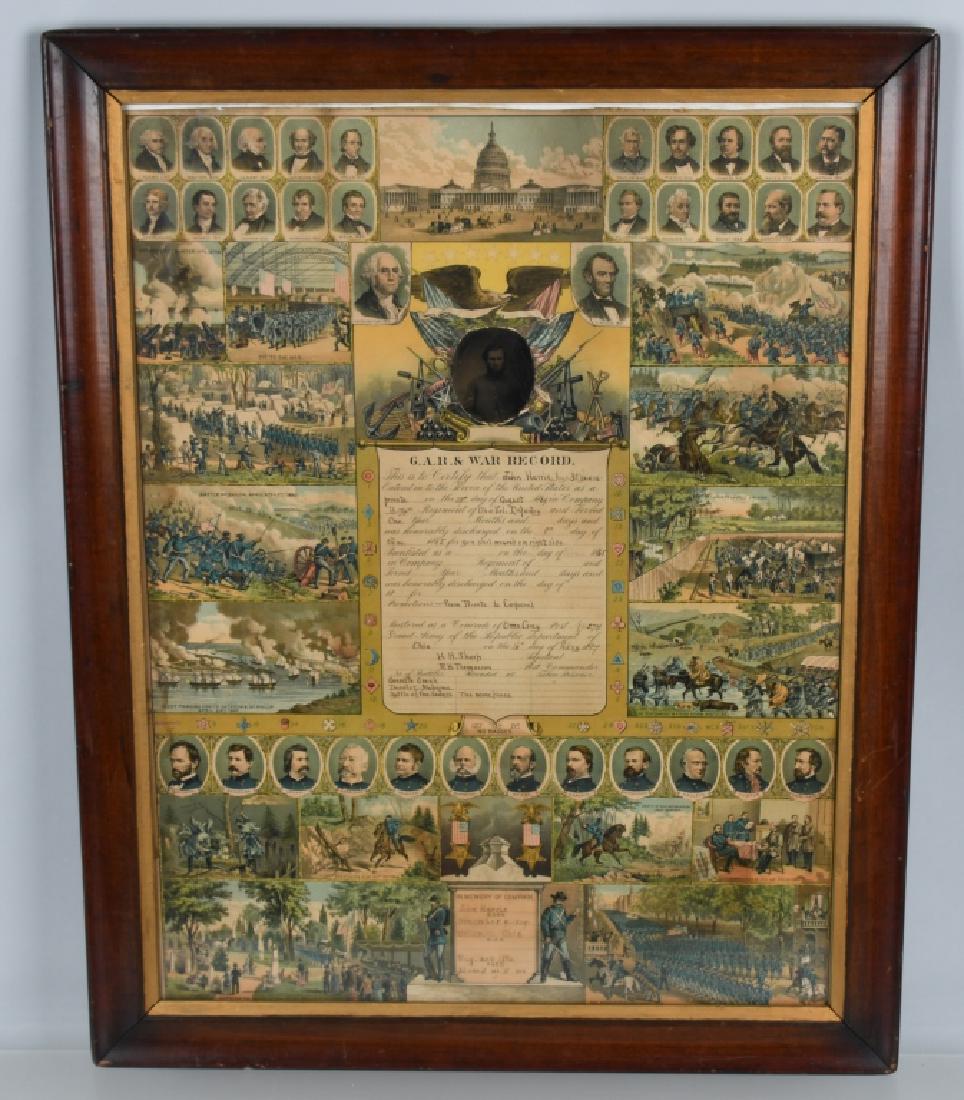 CIVIL WAR PHOTO RECORD JOHN HARRIS 174th OVI WOUND: Framed 22.5" x 28" full color print of major Civil War engagements and scenes as well as presidents up to Grover Cleveland with an original photo of the soldier in the center of the piece. GAR & War r