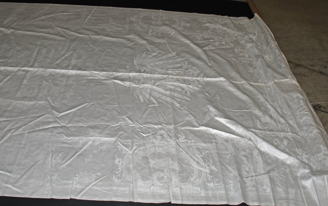 WWI IMPERIAL GERMAN LINEN TABLE CLOTH FROM KAISER: Picked up by our consignor in 1962 from a World War I veteran who says he looted this table cloth from the personal yacht of Kaiser Wilhelm II, kaiser of Germany during World War I. Enormous Damascus 