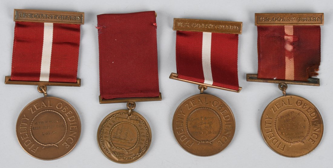 4 NAMED NAVY & COAST GUARD GOOD CONDUCT MEDALS: 4 engraved medals. 1 Navy Good Conduct Medal engraved "Roy Smith Rabjohn 1932." 3 Type I Coast Guard good conduct medals named -- "Alvin M. George CGSC Jersey City 3-27-52" -- "Frank P. Babbitt USCG A