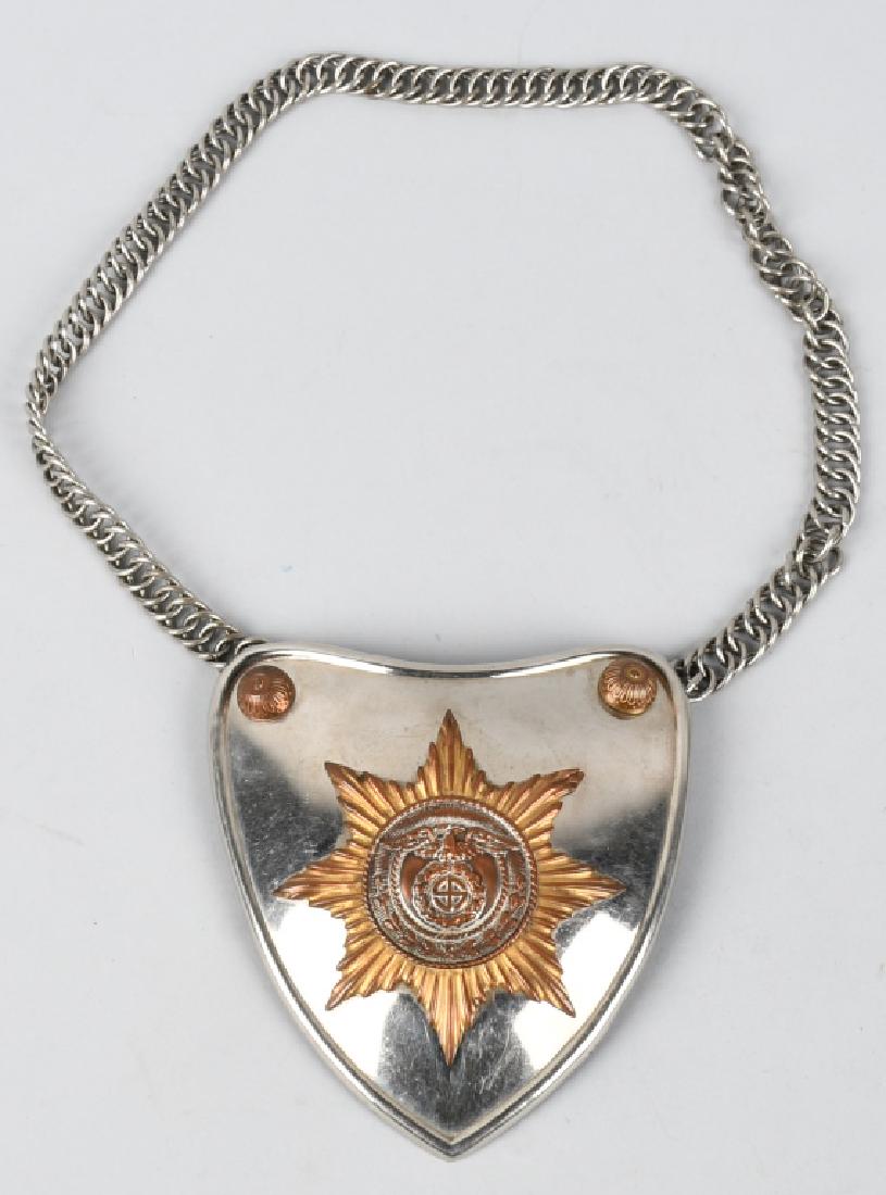WWII NAZI GERMAN SA GORGET WITH RZM TAG & CHAIN: Very nice multi-piece stamped brass construction heart shaped gorget with a heavy nickel/silver plating. Outside edge has a raised rolled back border lip. Upper corners of obverse each have a small or