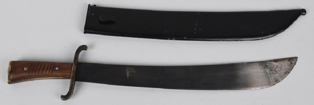 WWII NAZI GERMAN LUFTWAFFE SURVIVAL MACHETE: WWII German Luftwaffe Pilot / Air Crew Machete and Scabbard. Made by Alcoso. Measures approximately 21 9/16" overall. Steel blade is maker marked "Alcoso Solingen ACS" and has the "weights and measure