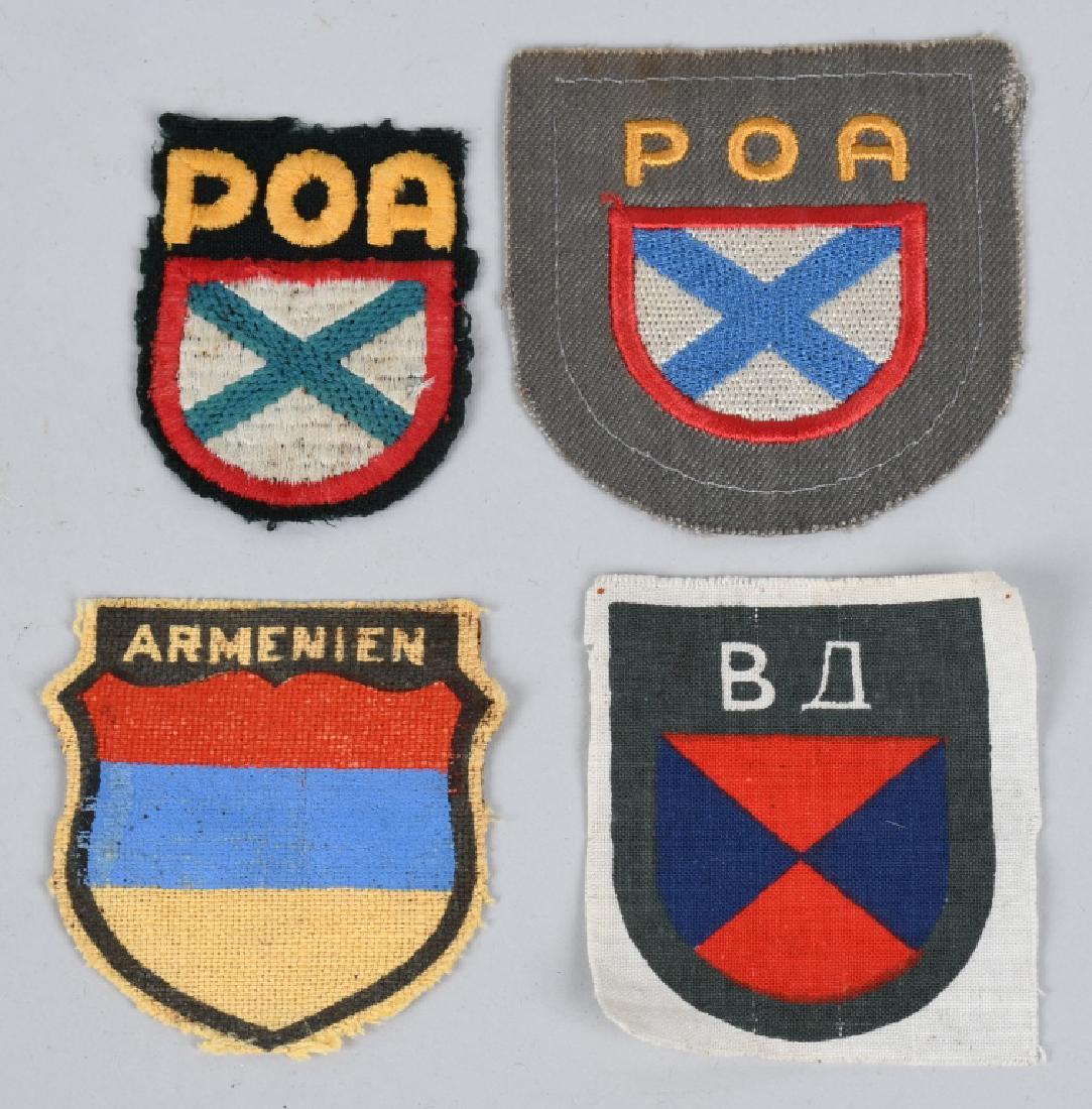 WWII NAZI GERMAN ARMY VOLUNTEER SHIELDS LOT OF 4: Lot of 4 volunteer shields ARMENIAN VOLUNTEER'S SLEEVE SHIELD. First and only pattern printed of heavy gauze material identifying sleeve shield consists of a scalloped topped pointed bottom shield sha