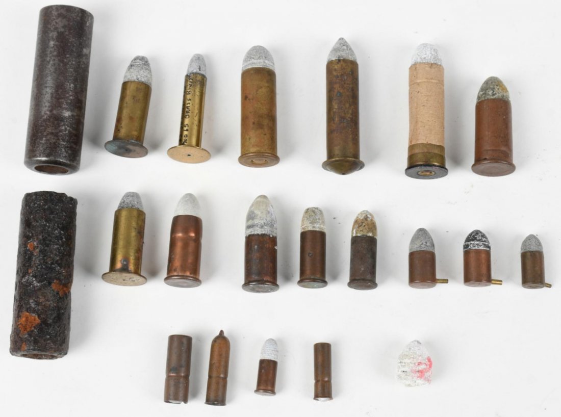 CIVIL WAR CARTRIDGE LOT CARBINE & MORE: Lot includes cartridges for the Maynard, Spencer and Burnside carbines. In addition there are pin fire cartridges, a teat fire cartridge, 2 reloadable percussion Gatling gun cylinders and more. Condit