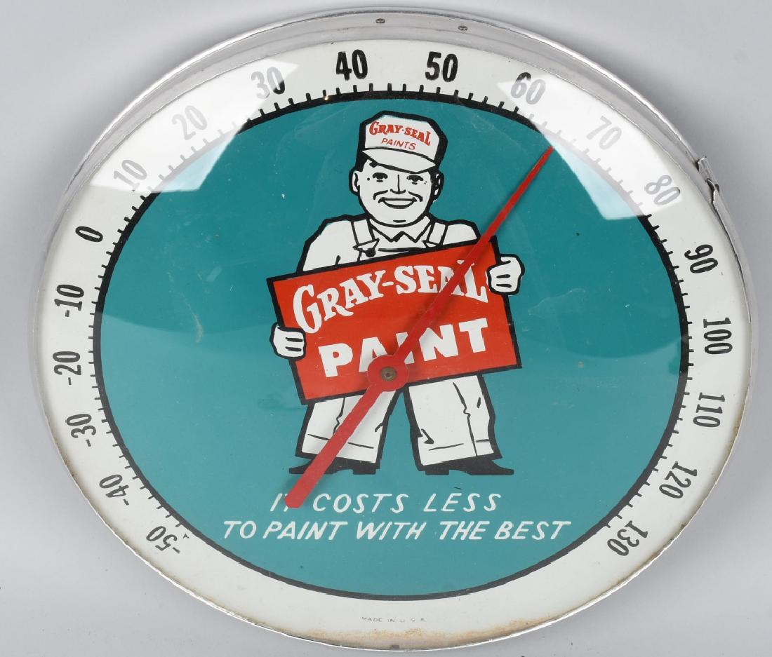 GRAY-SEAL PAINT BUBBLE THERMOMETER: "It Cost Less To Paint With The Best". Round Bubble Thermometer with glass. Great color and condition. 12" Excellent