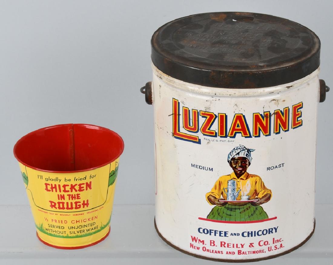 LUZIANNE COFFEE TIN & CHICKEN TIN: Includes 1928 Luzianne Coffee 3 Pound Tin. Has great image of Mammy serving the coffee. With lid. Lot also includes 1937 Tin Bucket advertising Chicken in the Rough. Great image and colors. Largest 7