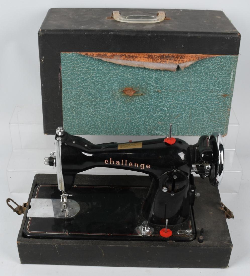 VINTAGE CHALLEGE SEWING MACHINE w/ CASE: Nice original Challenge Sewing Machine. Electric belt driven. Attached light. Has foot pedal control. With original case. 18"x13" Excellent