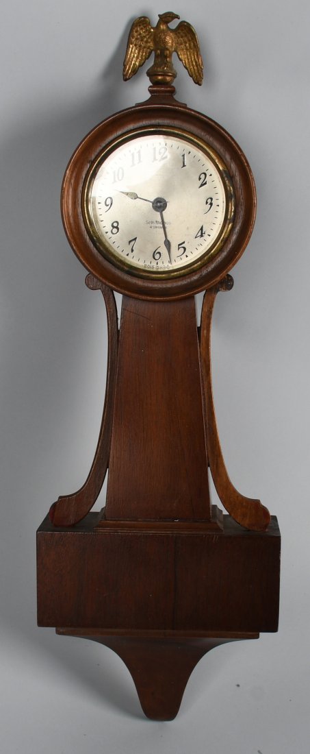 SETH THOMAS BANJO STYLE CLOCK: Vintage Seth Thomas Banjo Clock. All Original with nice wood case. Has American Eagle on top. Clock not working. 19" Excellent