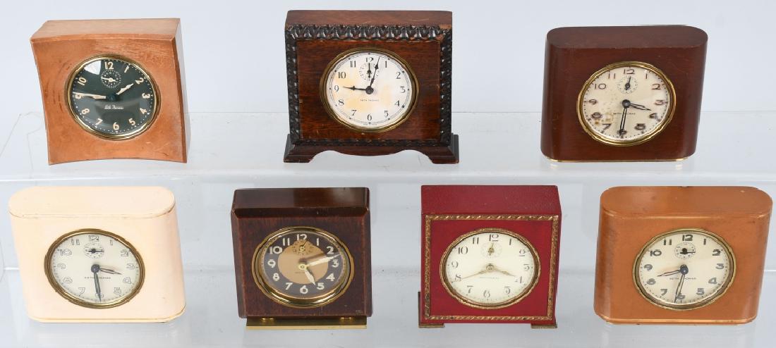7- VINTAGE SETH THOMAS ALARM CLOCKS: lot of 7 Vintage Seth Thomas Alarm Clocks. All original and in great condition. Some with very Deco Style looks. Most working. 4 1/2" Excellent