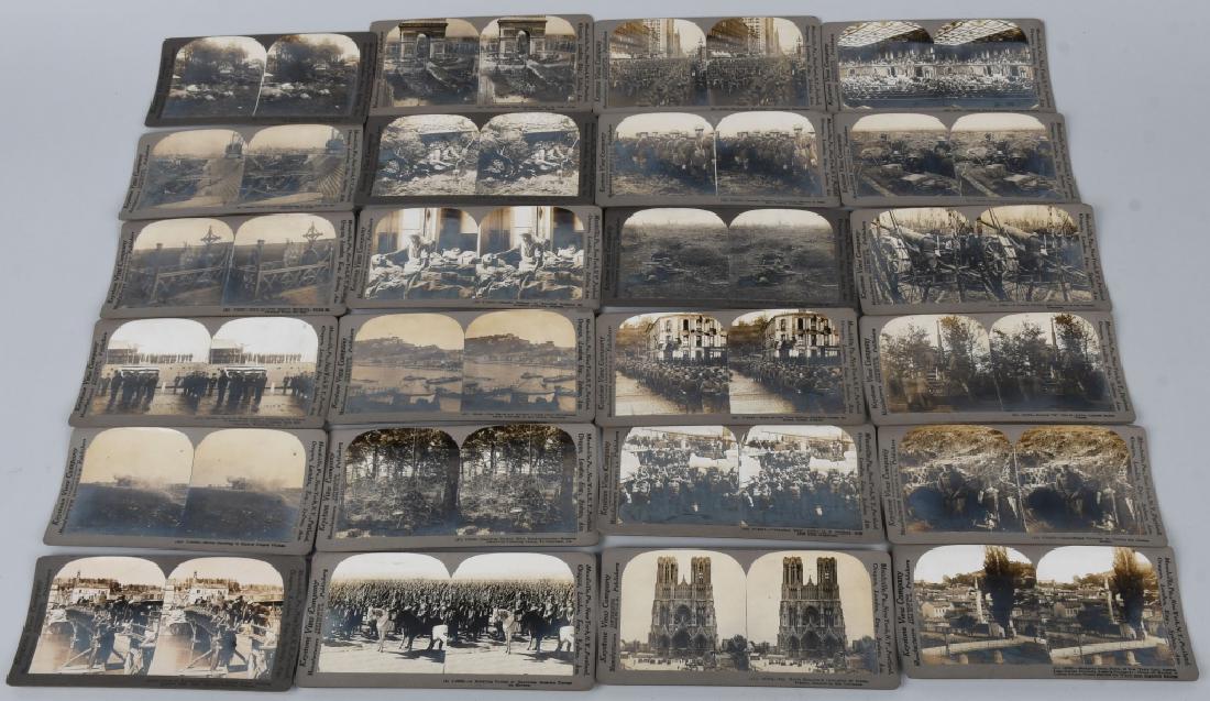 24- WW1 MILITARY STEREOVIEW CARDS: Excellent lot of 24 WW1 Military Stereo View Cards. Includes General Pershing with Soldiers, Dead Bodies in Trench, Submarines, Bombs Exploding,and More. Excellent