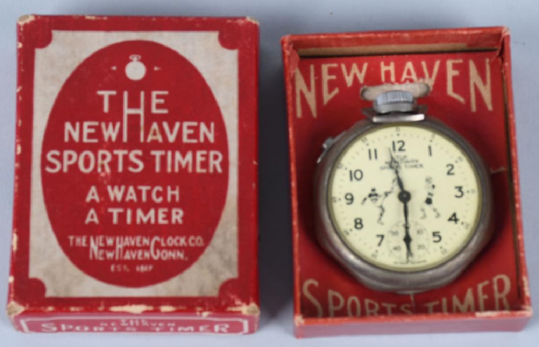 NEW HAVEN SPORTS TIMER POCKET WATCH w/ BOX: New Haven Pocket Watch with Timer. Has sports scenes on the face. Works. With Box. 3" Excellent