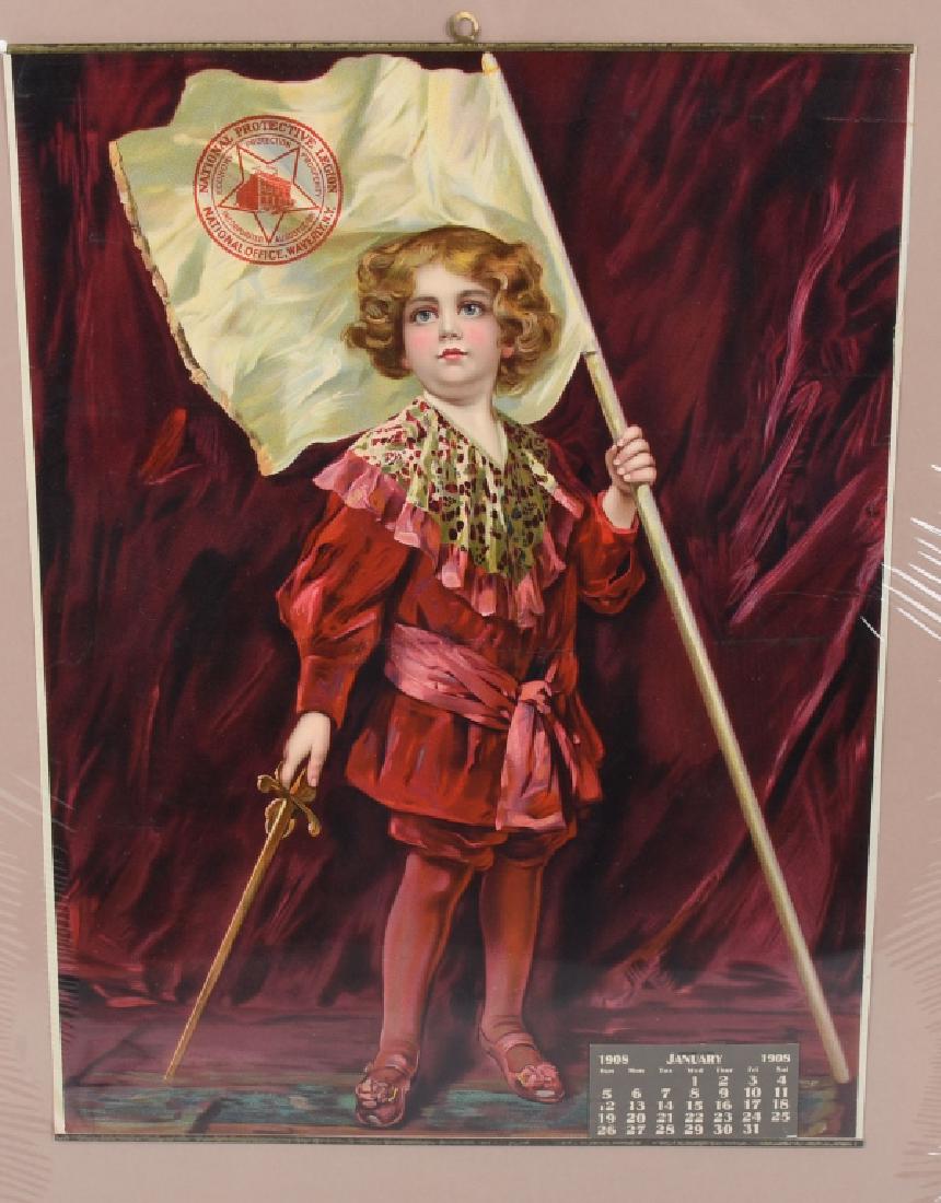 1908 NATIONAL PROTECTIVE LEGION CALENDAR: Wonderful 1908 National Protective Legion Calendar. Great image of child holding a sword and flag. Very nice colors. Calendar pad is full. 20"x15" Excellent