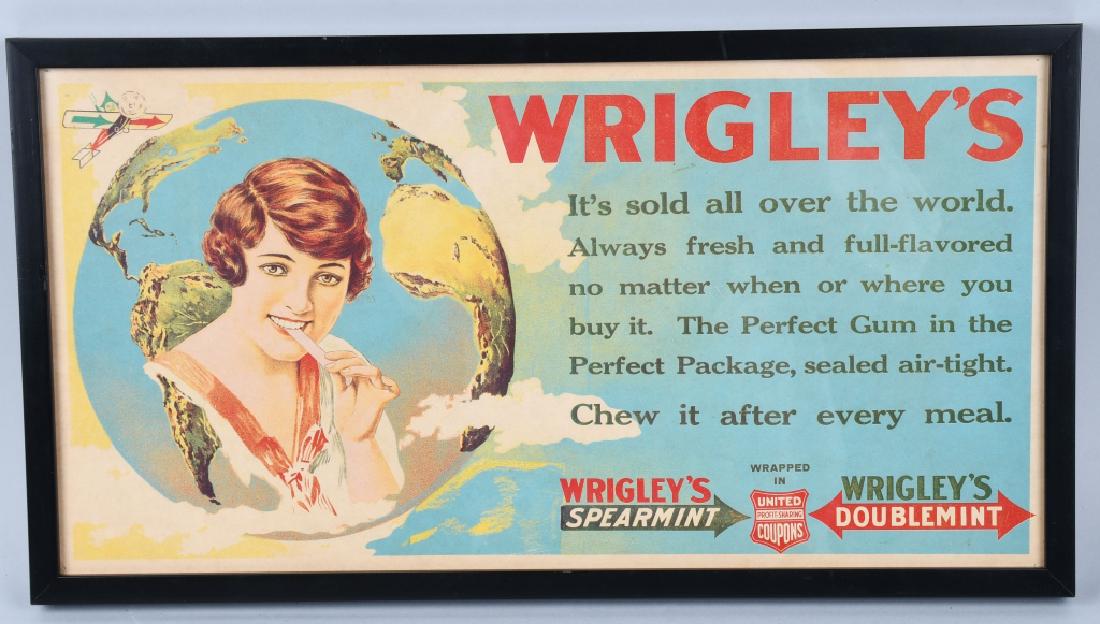 WRIGLEY'S GUM TROLLY SIGN: Wrigley's paper trolley sign. Great image of beauty over the globe. Very nice colors. Framed. 22"x12" Excellent