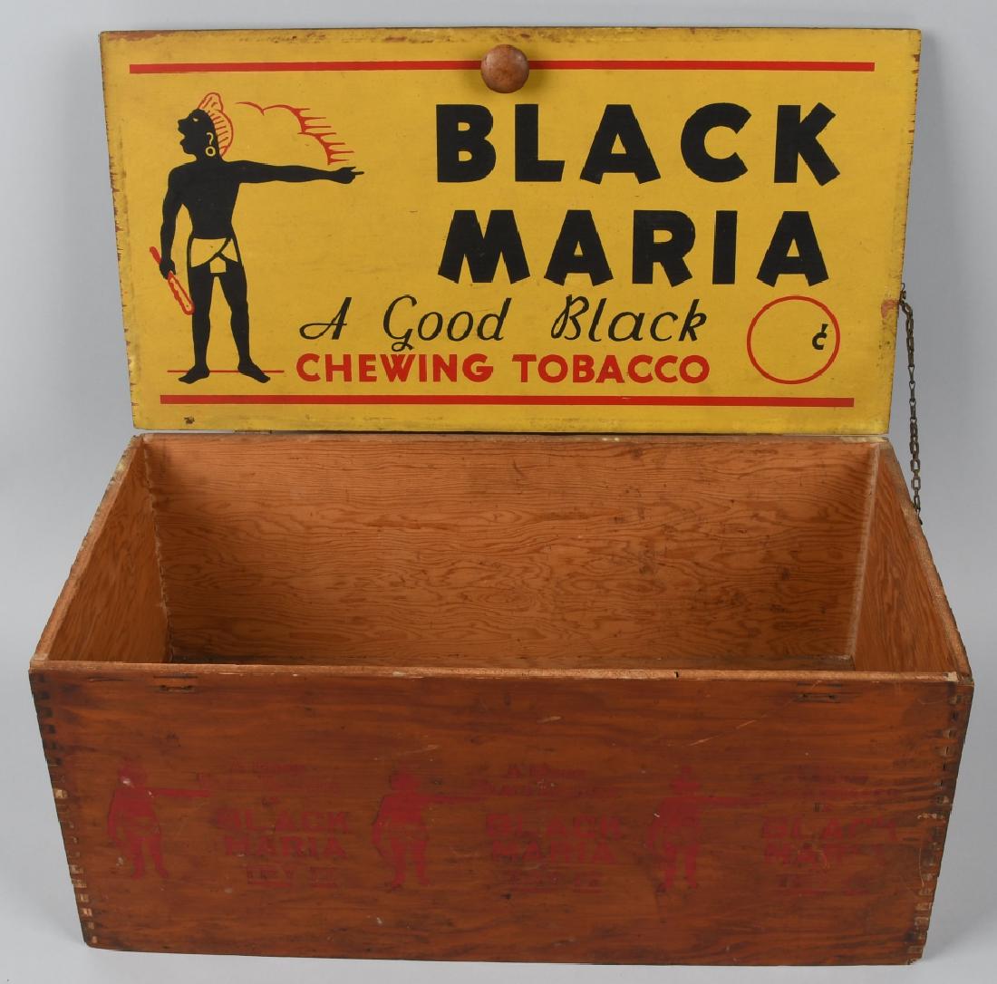BLACK MARIA TOBACCO WOODEN CASE BOX: Great wooden tobacco case box. Great label on inside lid with native holding war club. Same native and Black Maria is embossed around the outside of the box. Very nice. 21"x9" Excellent