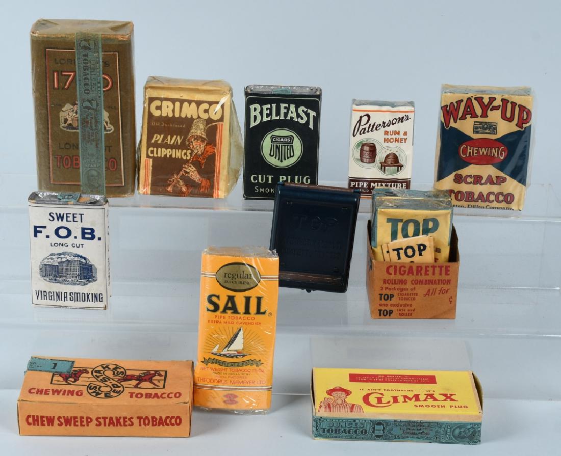 10- VINTAGE TOBACCO PACKAGES: Includes Climax Plug, Sweep Stakes Chewing Tobacco, Way Up, FOB, Patterson, Sail, Crimco, Belfast, 1760, and Top Cigarettes. All full never used. Nice colors and images on packages. Very Good-Excellen