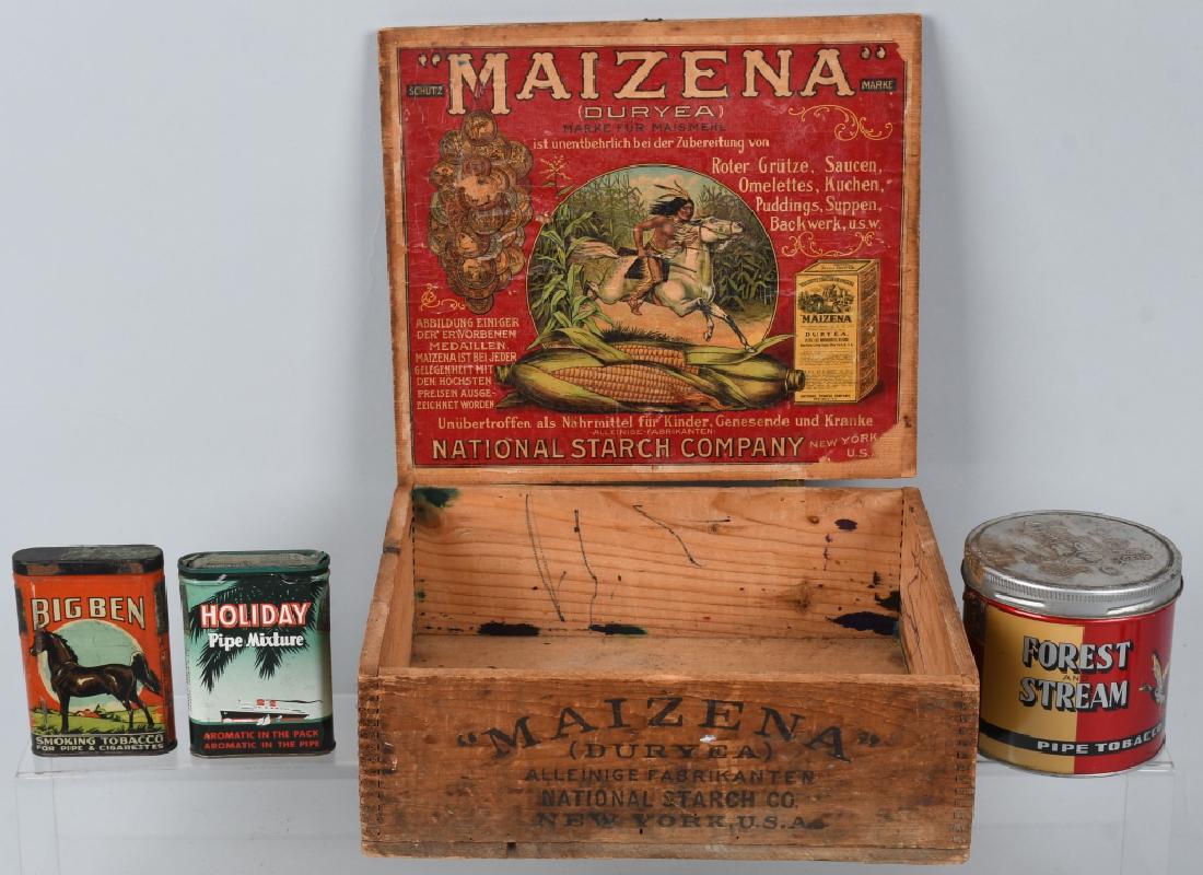 TOBACCO TINS & MORE: Holiday & Big Pen Pocket Tobacco Tins, Forest and Strean Pipe Tobacco Tin, and Maizena Starch Wood Box with colorful Indian on Horseback label on inside. Largest 12" Excellent
