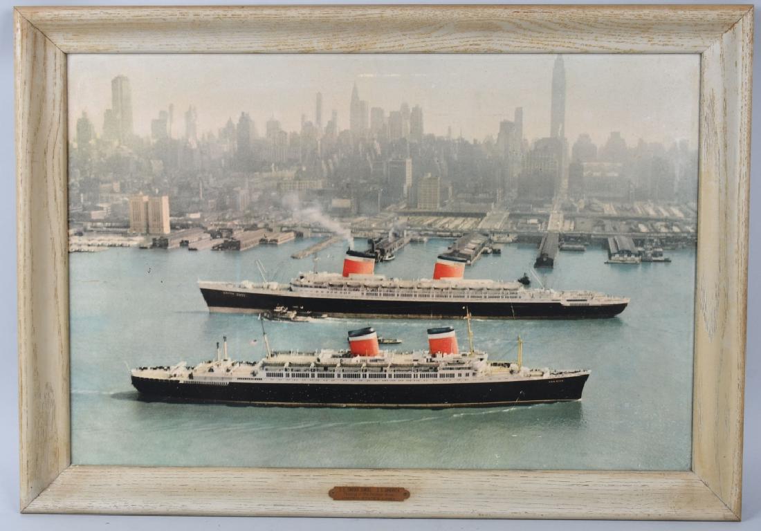 SS UNITED STATES & SS AMERICA OCEANLINER SIGN: Great Travel Agency Advertising Sign showing the SS United States and SS America passing in New York Harbor. All Original with great colors. Still in original frame with name plaque. 34"x24" Excellent