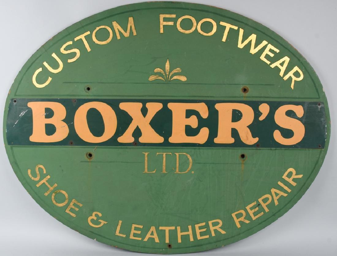 VINTAGE BOXER'S SHOE STORE WOOD SIGN: Nice original Boxer's Shoe Store Wood Sign from Portland, Maine. Has metal overlay that says BOXER'S. Nice colors. 49"x37" Excellent